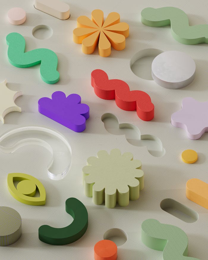 PF_wide range of products Vibrant 3D abstract puzzle with colorful geometric shapes showcasing creative design and modern art.